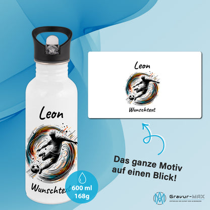 Trinkflasche mit Strohhalm in Weiß 600ml bedruckt mit Fußball Motiven"Motiv1" personalisierbar für Kinder mit Wunschname aus Edelstahl