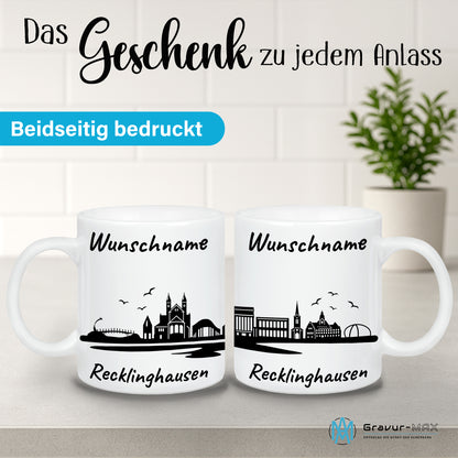 Tasse in Weiß 330ml bedruckt mit der Skyline von Recklinghausen personalisierbar mit Wunschname