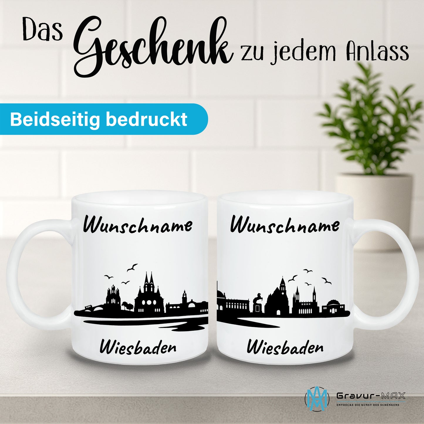 Tasse in Weiß 330ml bedruckt mit der Skyline von Wiesbaden personalisierbar mit Wunschname