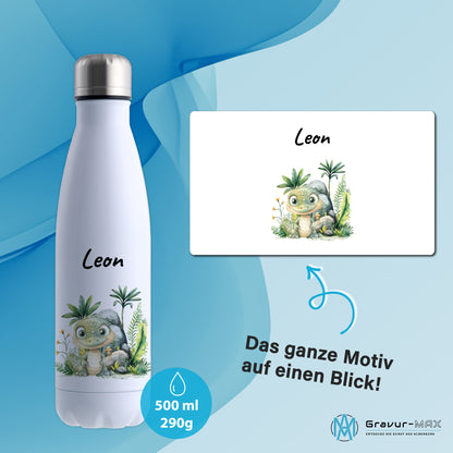 Trinkflasche in Weiß 500ml aus Edelstahl bedruckt mit Dschungel Tieren"Krokodil" personalisierbar für Kinder mit Wunschname