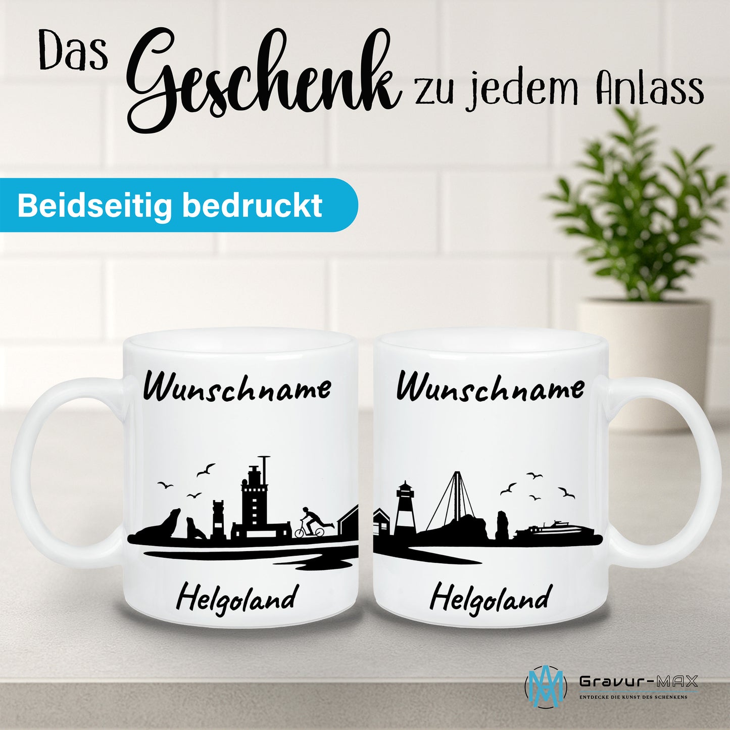 Tasse in Weiß 330ml bedruckt mit der Skyline von Helgoland personalisierbar mit Wunschname