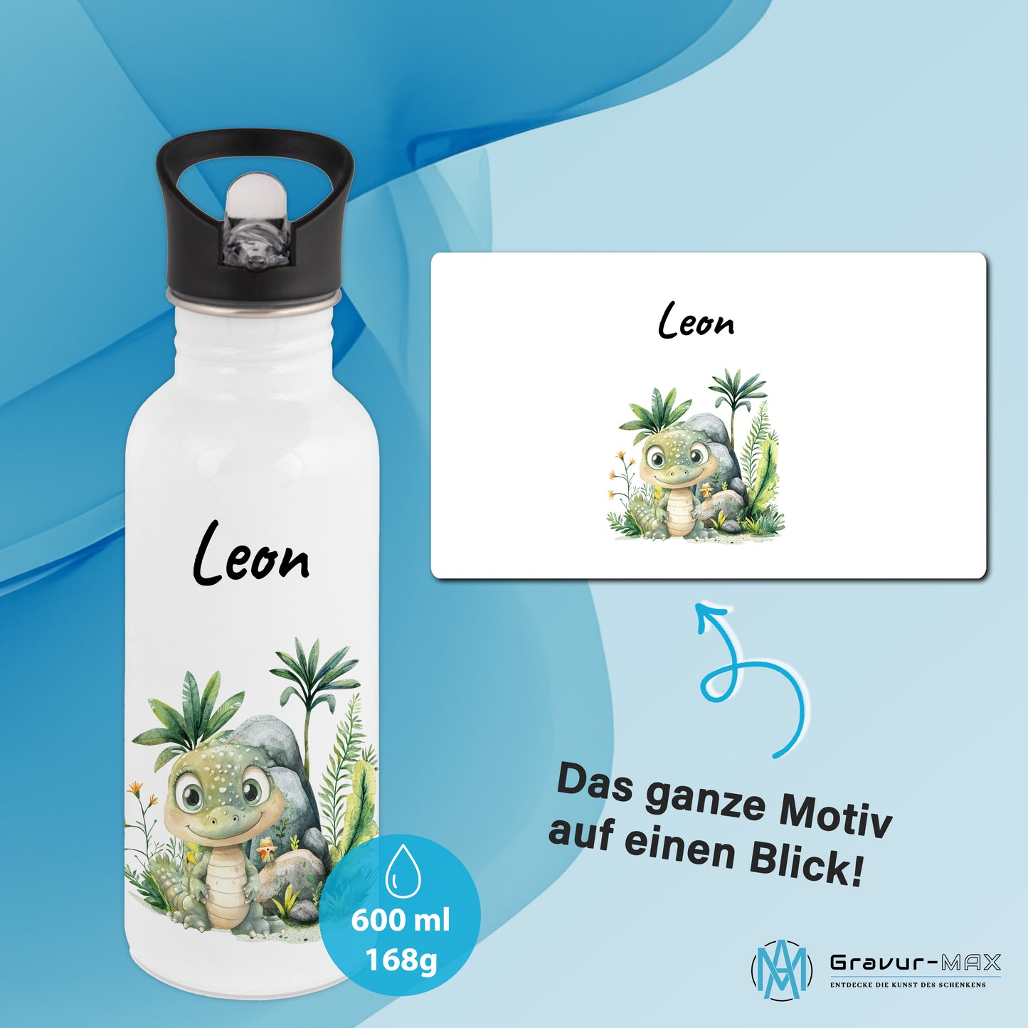 Trinkflasche mit Strohhalm in Weiß 600ml bedruckt mit Dschungel Tieren"Krokodil" personalisierbar für Kinder mit Wunschname aus Edelstahl