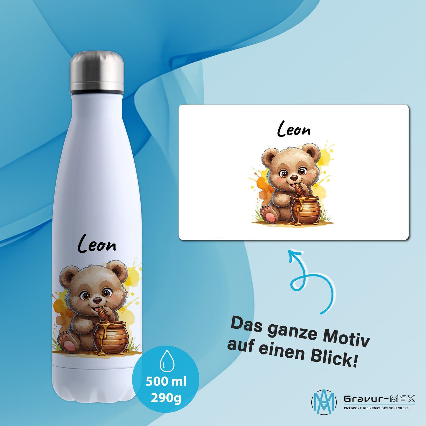 Trinkflasche in Weiß 500ml aus Edelstahl bedruckt mit niedlichen Tieren "Bär" personalisierbar für Kinder mit Wunschname