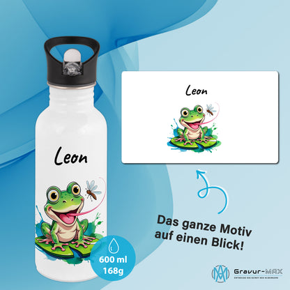 Trinkflasche mit Strohhalm in Weiß 600ml bedruckt mit niedlichen Tieren"Frosch" personalisierbar für Kinder mit Wunschname aus Edelstahl