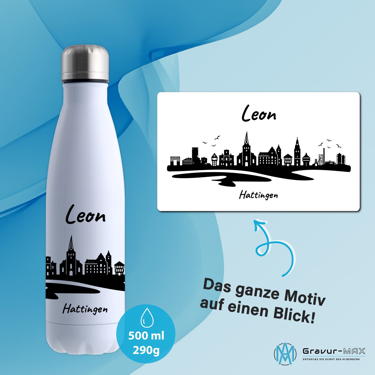 Trinkflasche in Weiß 500ml aus Edelstahl bedruckt mit der Skyline von Hattingen personalisierbar mit Wunschname