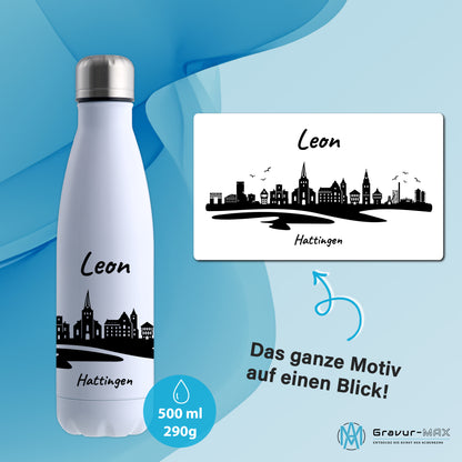Trinkflasche in Weiß 500ml aus Edelstahl bedruckt mit der Skyline von Hattingen personalisierbar mit Wunschname
