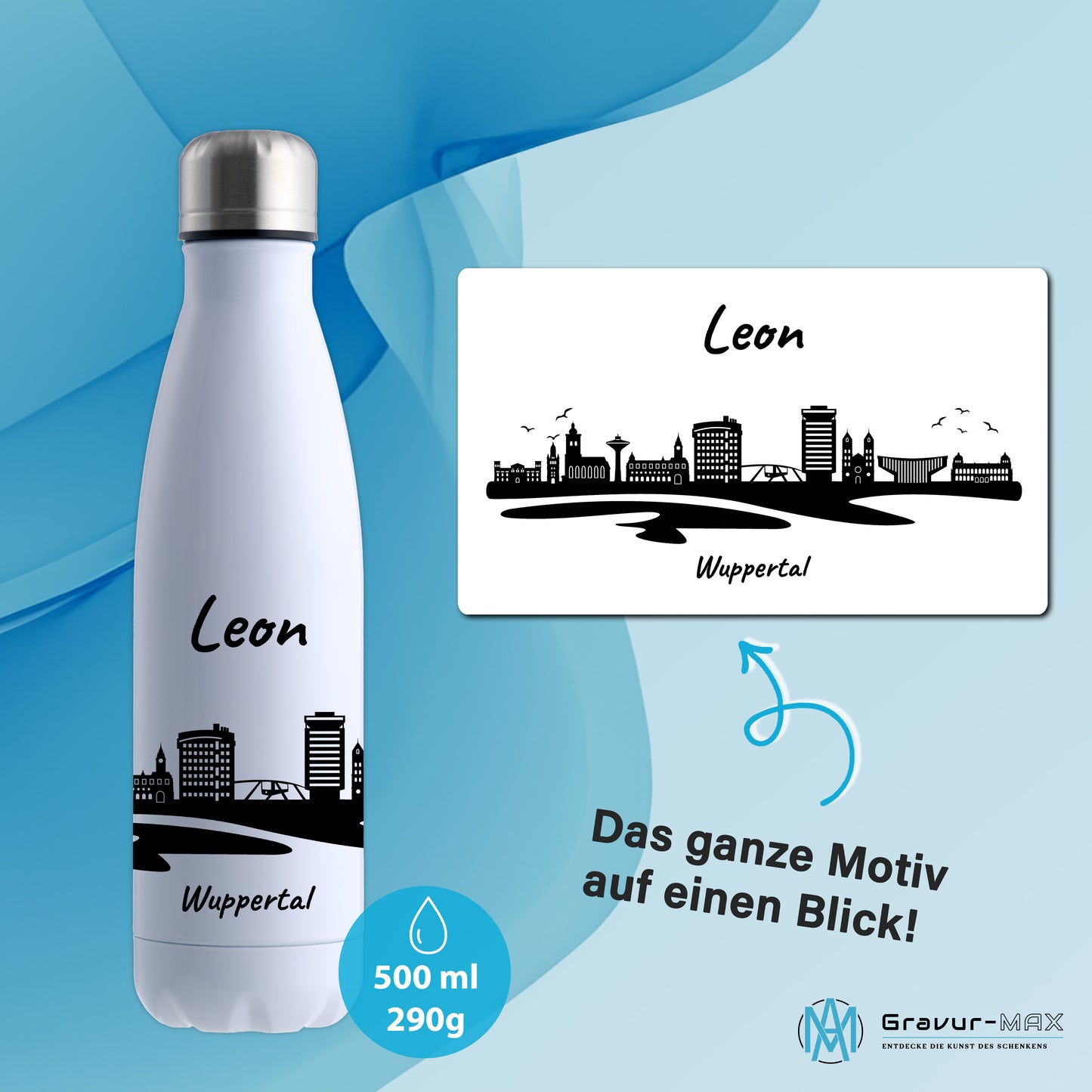 Trinkflasche in Weiß 500ml aus Edelstahl bedruckt mit der Skyline von Wuppertal personalisierbar mit Wunschname