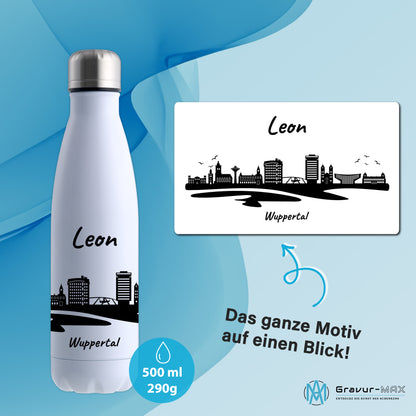 Trinkflasche in Weiß 500ml aus Edelstahl bedruckt mit der Skyline von Wuppertal personalisierbar mit Wunschname
