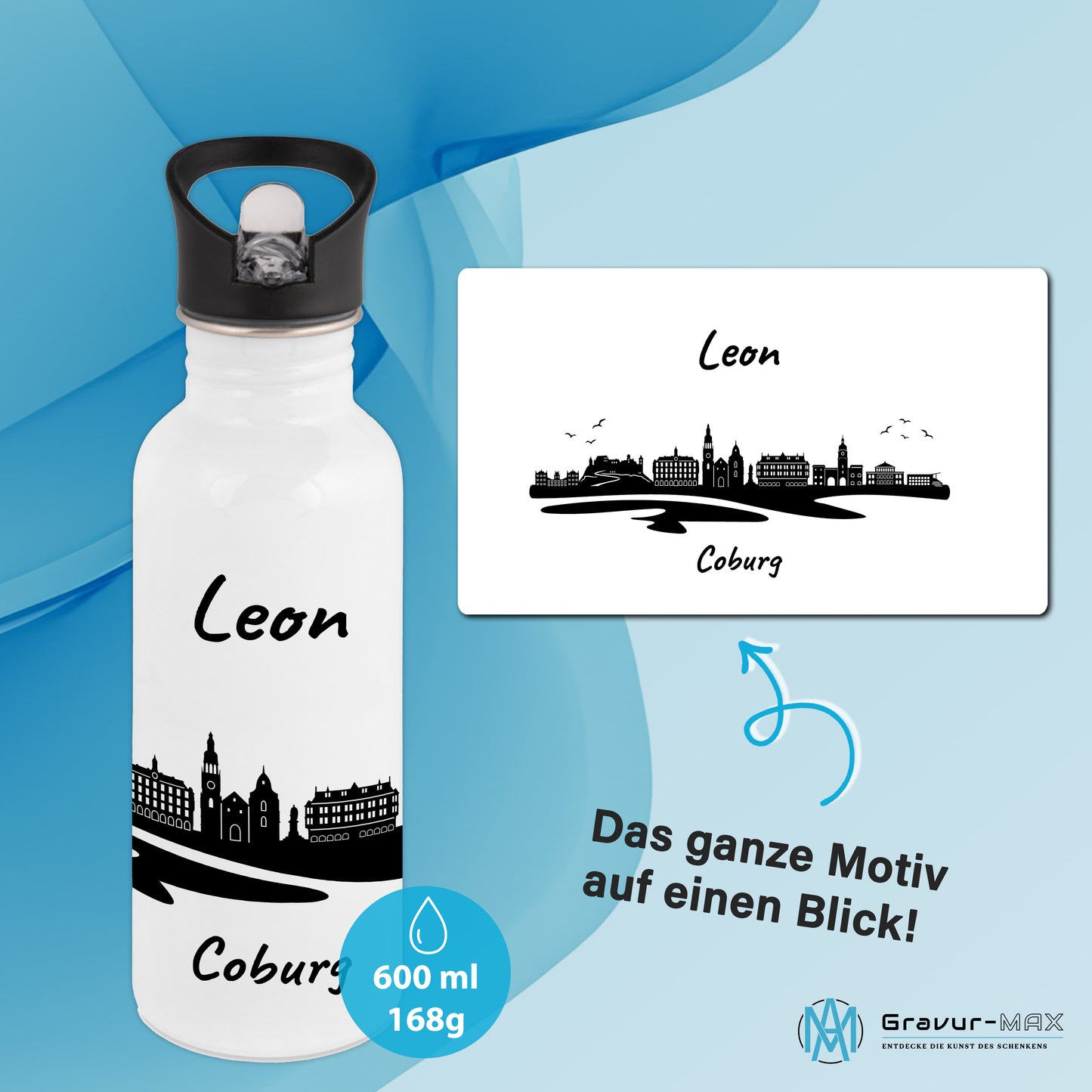 Trinkflasche in Weiß 600ml aus Edelstahl bedruckt mit der Skyline von Coburg personalisierbar mit Wunschname