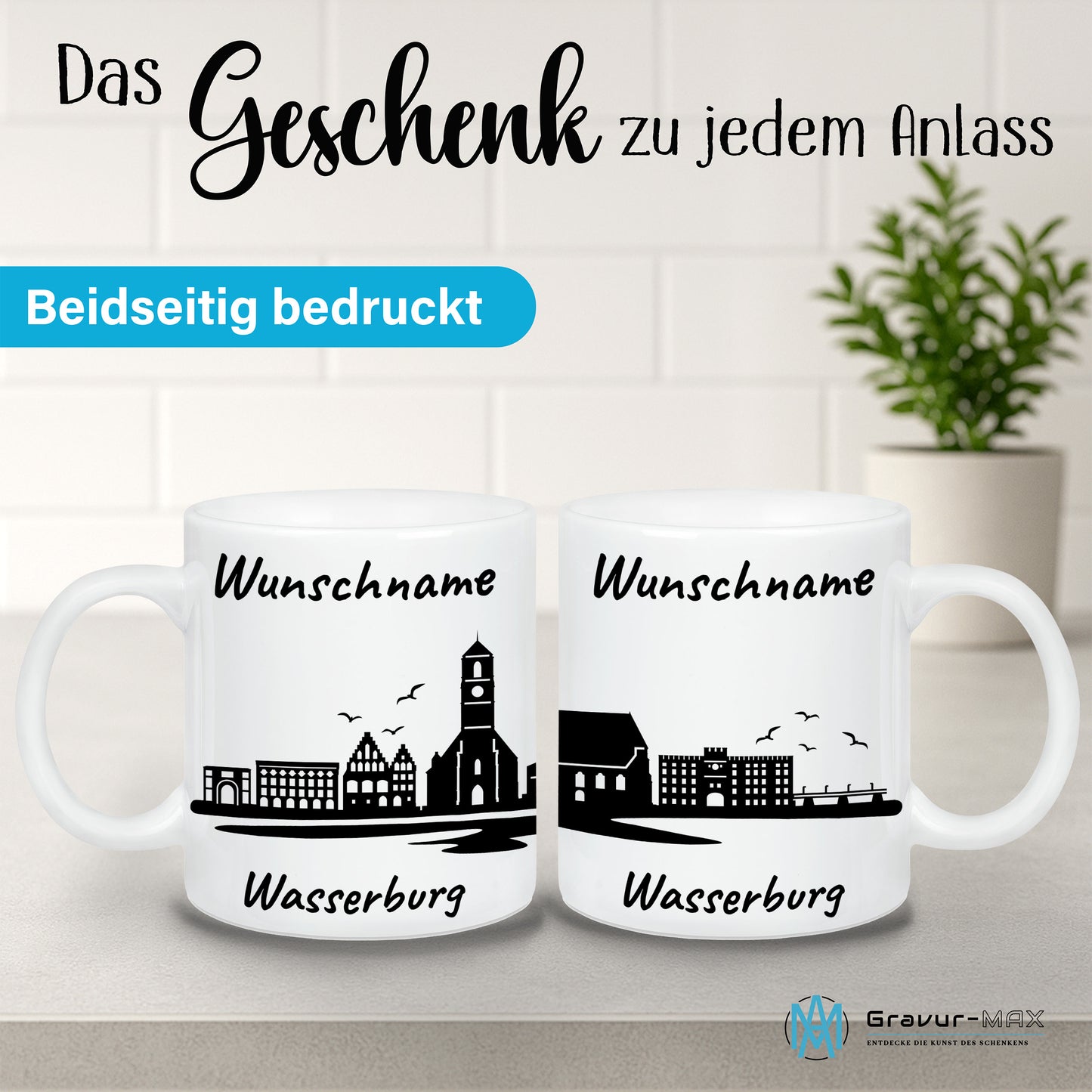 Tasse in Weiß 330ml bedruckt mit der Skyline von Wasserburg personalisierbar mit Wunschname