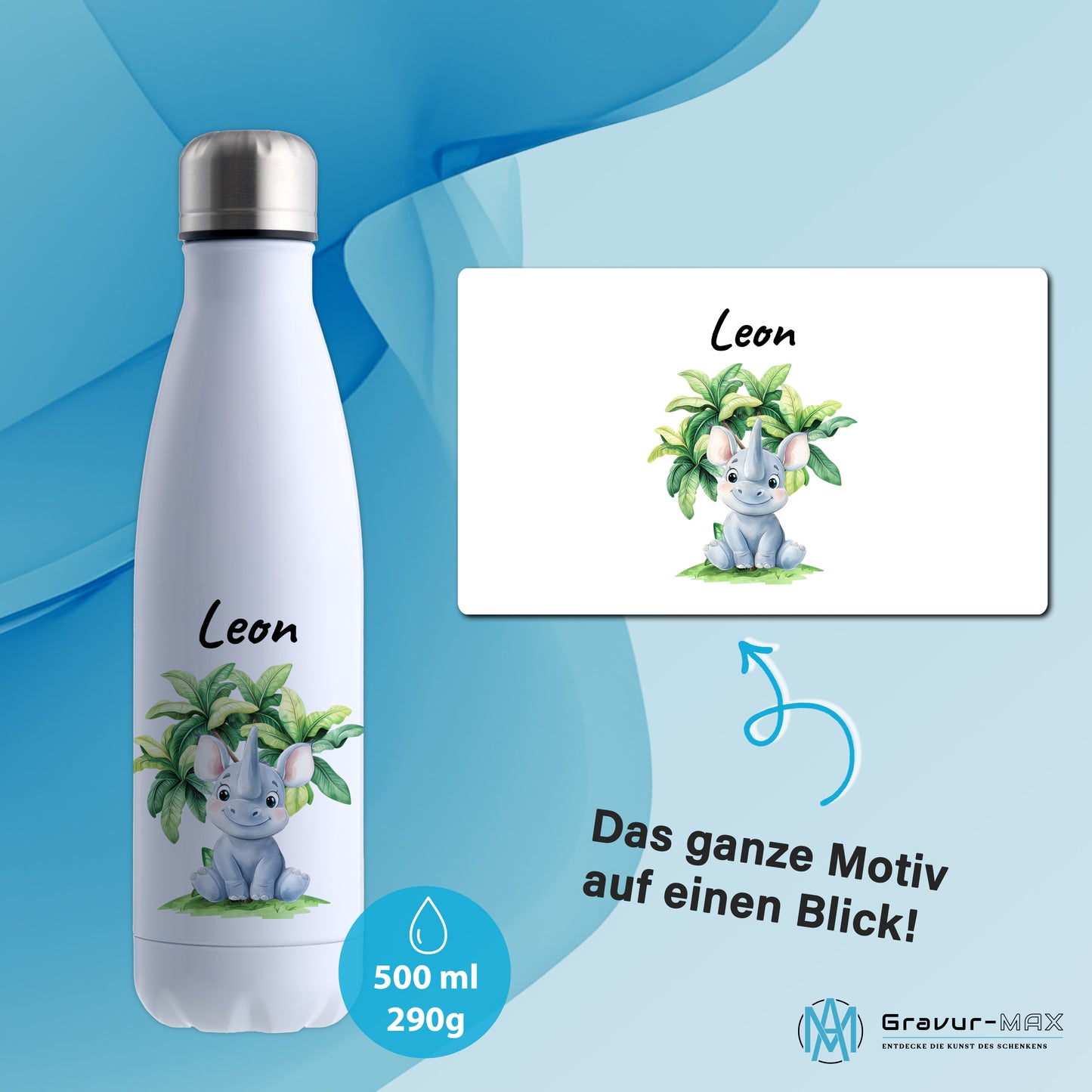 Trinkflasche in Weiß 500ml aus Edelstahl bedruckt mit Dschungel Tieren"Nashorn" personalisierbar für Kinder mit Wunschname