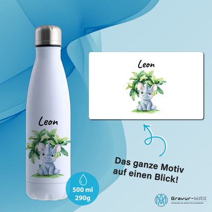 Trinkflasche in Weiß 500ml aus Edelstahl bedruckt mit Dschungel Tieren"Nashorn" personalisierbar für Kinder mit Wunschname