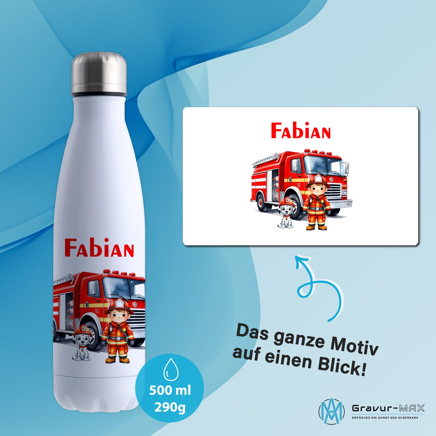Thermoflasche 500ml in Weiß bedruckt mit tollen Motiven für Kinder "Feuerwehr" personalisierbar mit Wunschname