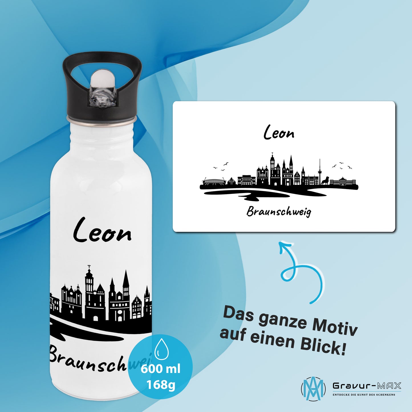 Trinkflasche in Weiß 600ml aus Edelstahl bedruckt mit der Skyline von Braunschweig personalisierbar mit Wunschname