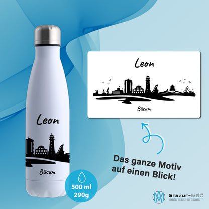 Trinkflasche in Weiß 500ml aus Edelstahl bedruckt mit der Skyline von Büsum personalisierbar mit Wunschname