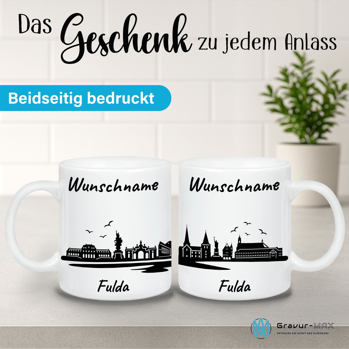 Tasse in Weiß 330ml bedruckt mit der Skyline von Fulda personalisierbar mit Wunschname