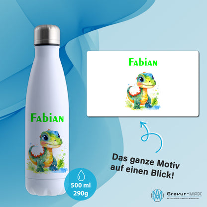 Thermoflasche 500ml in Weiß bedruckt mit tollen Motiven für Kinder "Dino Kinder" personalisierbar mit Wunschname
