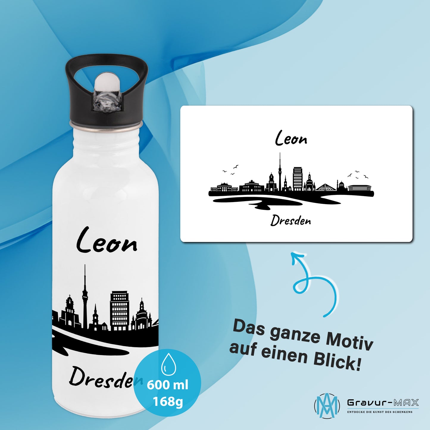 Trinkflasche in Weiß 600ml aus Edelstahl bedruckt mit der Skyline von Dresden personalisierbar mit Wunschname