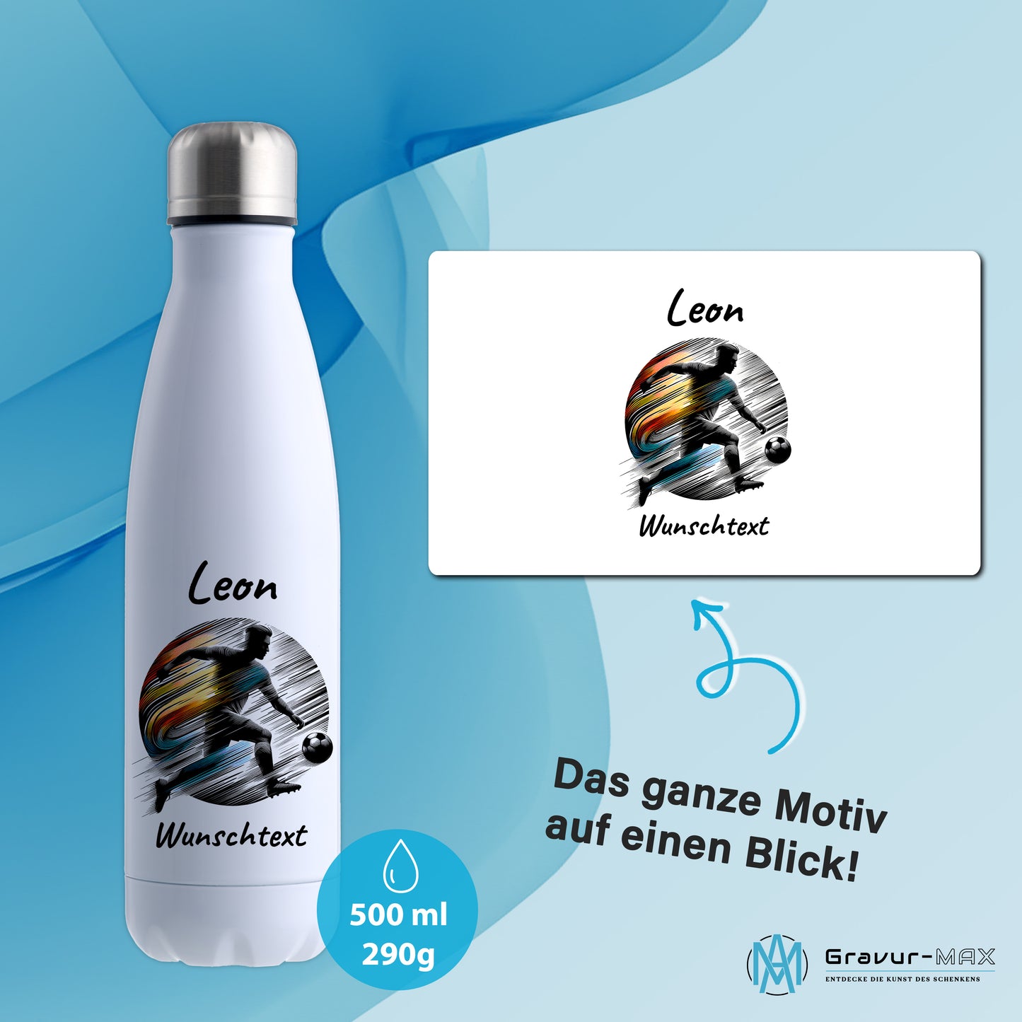 Thermoflasche 500ml in Weiß aus Edelstahl bedruckt "Fußball" Motiv2 personalisierbar mit Wunschname & Text