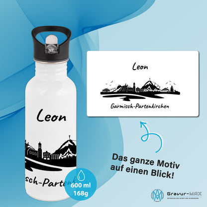 Trinkflasche in Weiß 600ml aus Edelstahl bedruckt mit der Skyline von Garmisch-Partenkirchen personalisierbar mit Wunschname