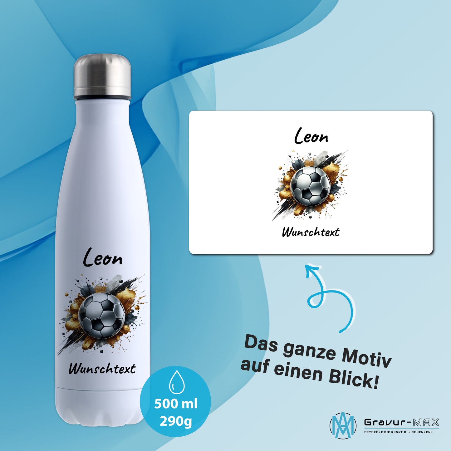 Thermoflasche 500ml in Weiß aus Edelstahl bedruckt "Fußball" Motiv13 personalisierbar mit Wunschname & Text
