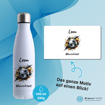 Thermoflasche 500ml in Weiß aus Edelstahl bedruckt "Fußball" Motiv13 personalisierbar mit Wunschname & Text
