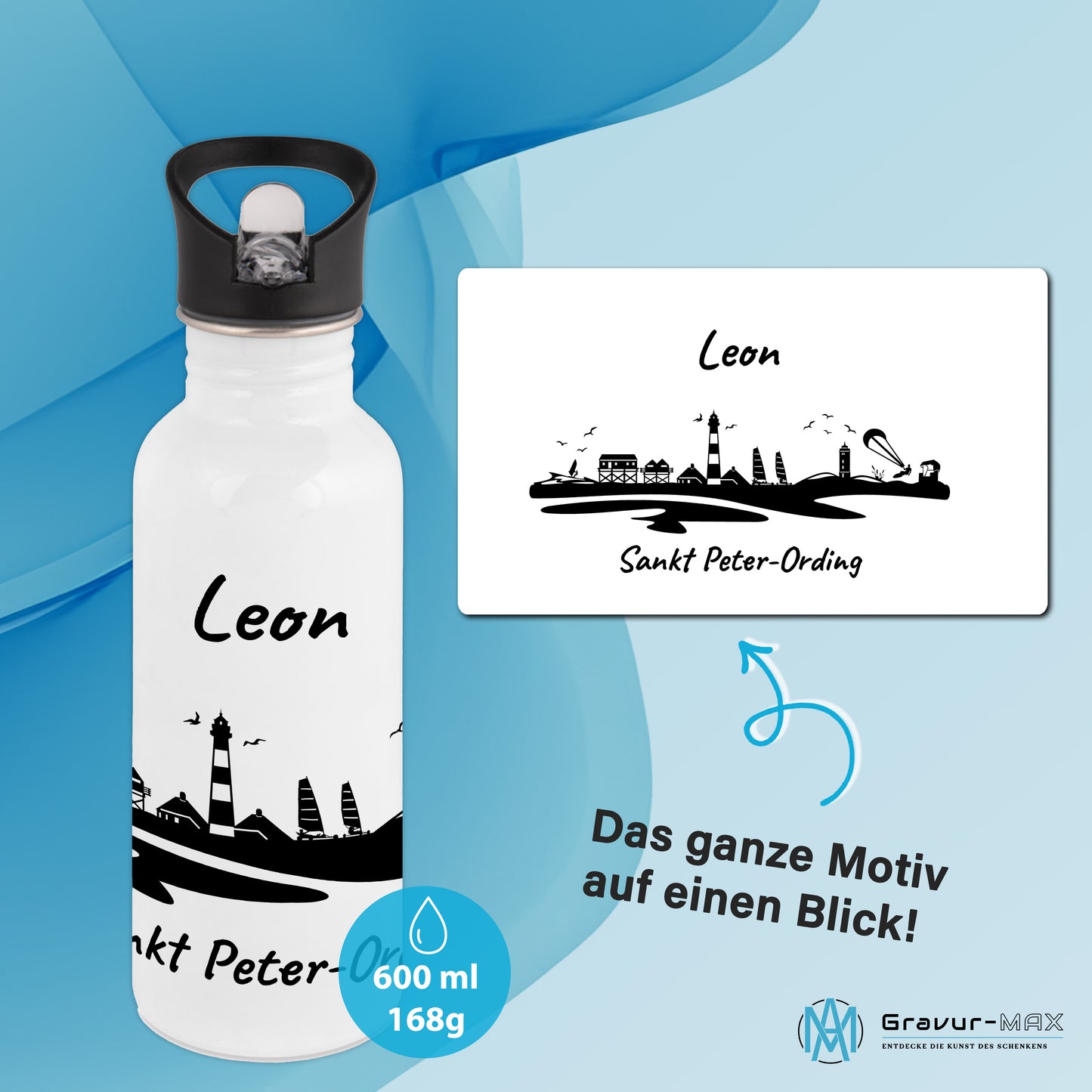 Trinkflasche in Weiß 600ml aus Edelstahl bedruckt mit der Skyline von Sankt Peter-Ording personalisierbar mit Wunschname