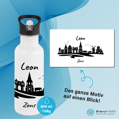 Trinkflasche in Weiß 600ml aus Edelstahl bedruckt mit der Skyline von Zons (Dormagen) personalisierbar mit Wunschname