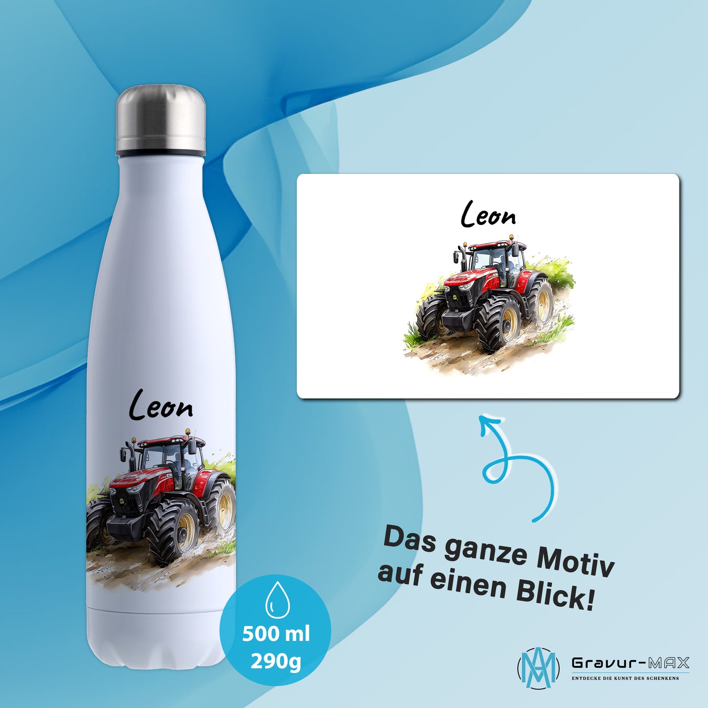 Thermoflasche 500ml in Weiß bedruckt mit tollen Motiven für Kinder "Traktor" personalisierbar mit Wunschname