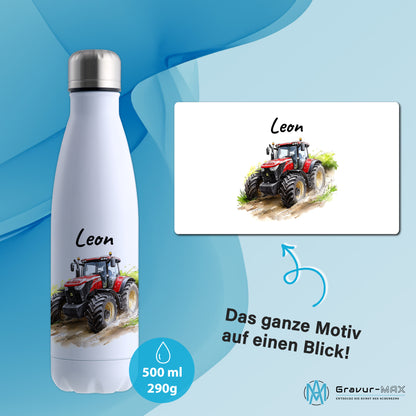 Thermoflasche 500ml in Weiß bedruckt mit tollen Motiven für Kinder "Traktor" personalisierbar mit Wunschname