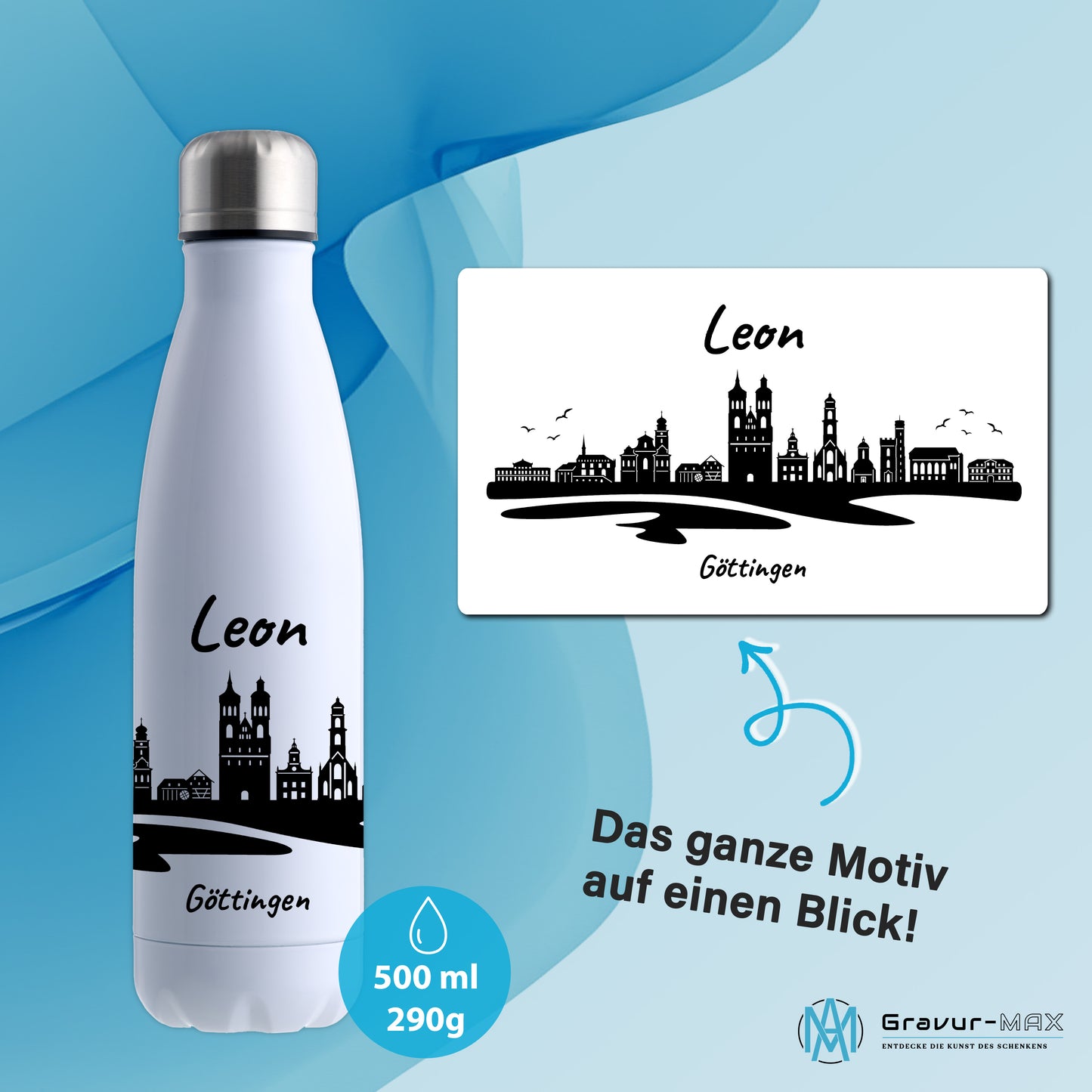 Trinkflasche in Weiß 500ml aus Edelstahl bedruckt mit der Skyline von Göttingen personalisierbar mit Wunschname