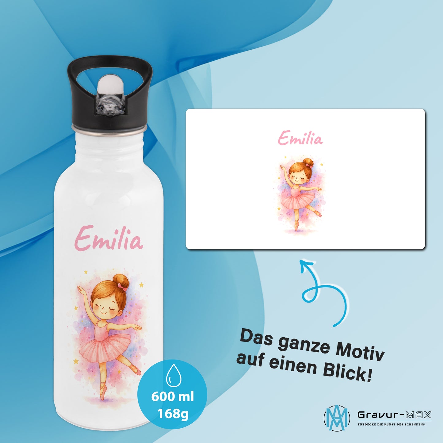 Trinkflasche mit Strohhalm in Weiß 600ml bedruckt mit tollen Motiven für Kinder "Ballerina" personalisierbar für Kinder mit Wunschname aus Edelstahl