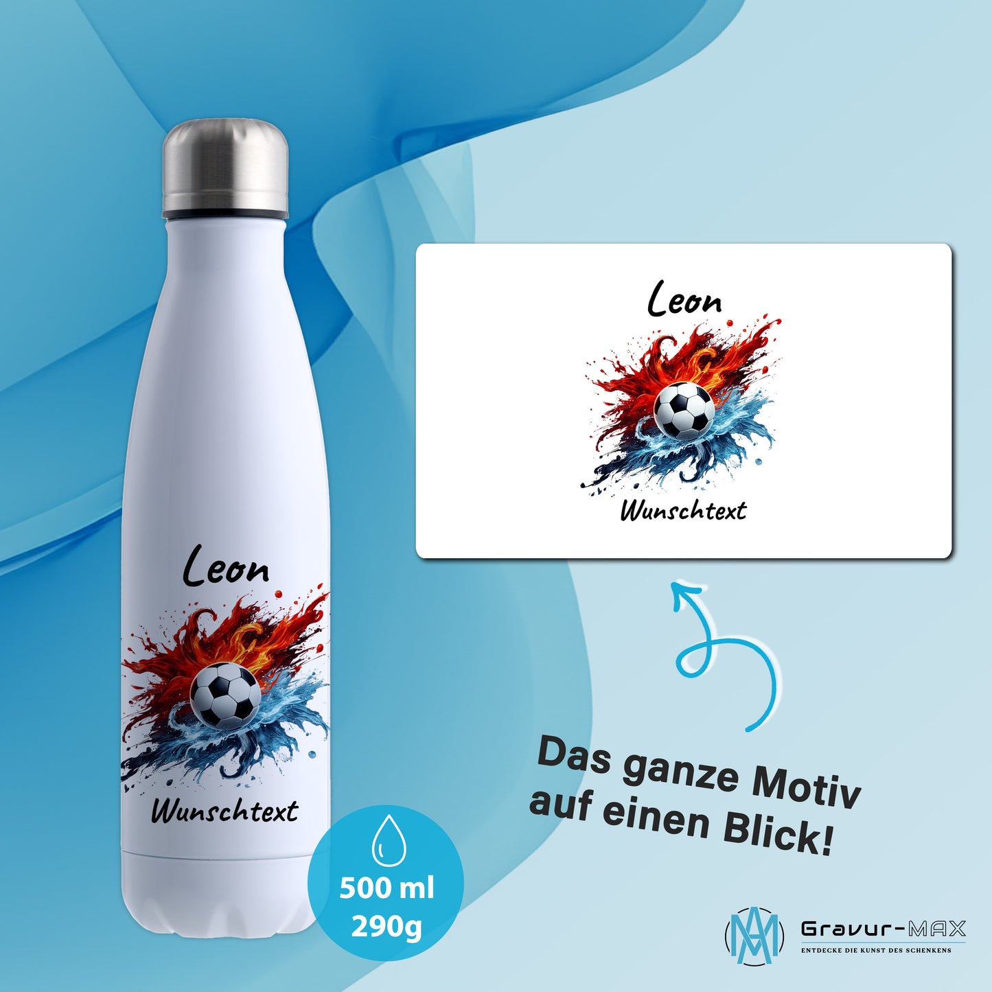 Thermoflasche 500ml in Weiß aus Edelstahl bedruckt "Fußball" Motiv12 personalisierbar mit Wunschname & Text
