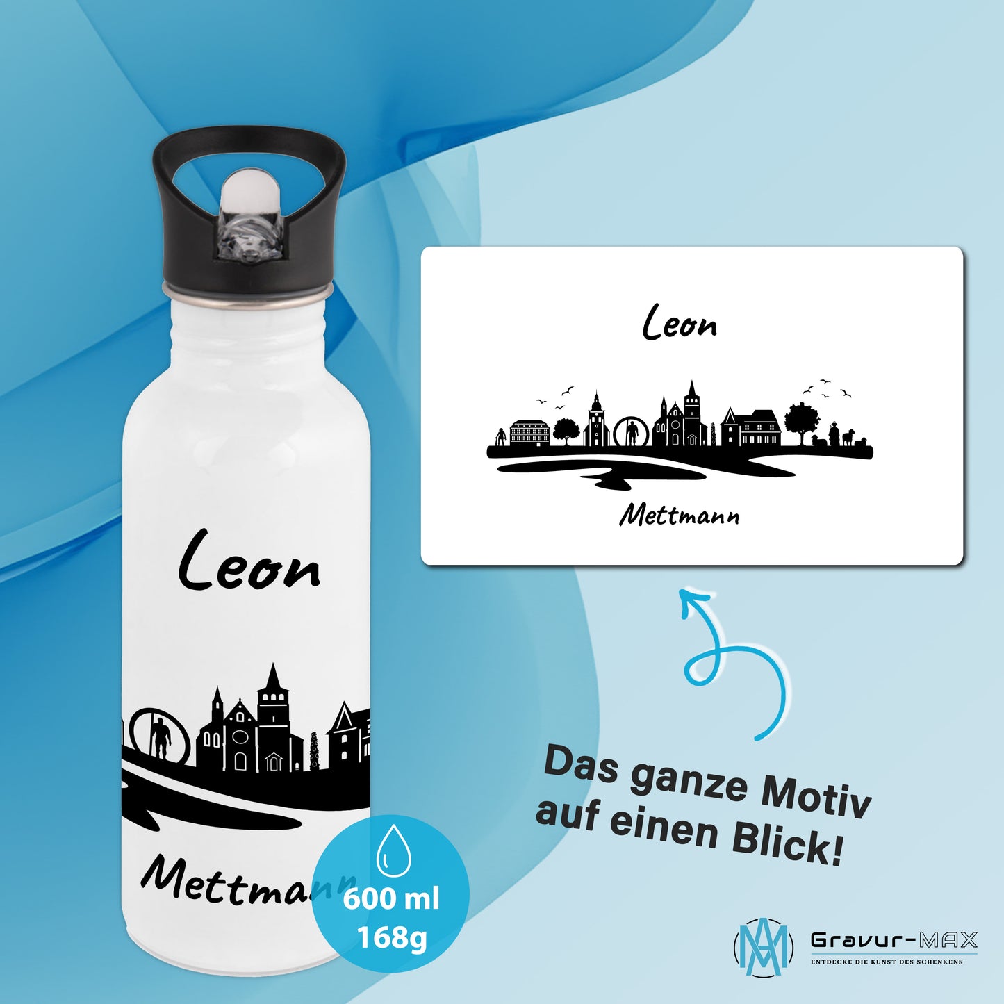 Trinkflasche in Weiß 600ml aus Edelstahl bedruckt mit der Skyline von Mettmann personalisierbar mit Wunschname
