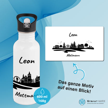 Trinkflasche in Weiß 600ml aus Edelstahl bedruckt mit der Skyline von Mettmann personalisierbar mit Wunschname