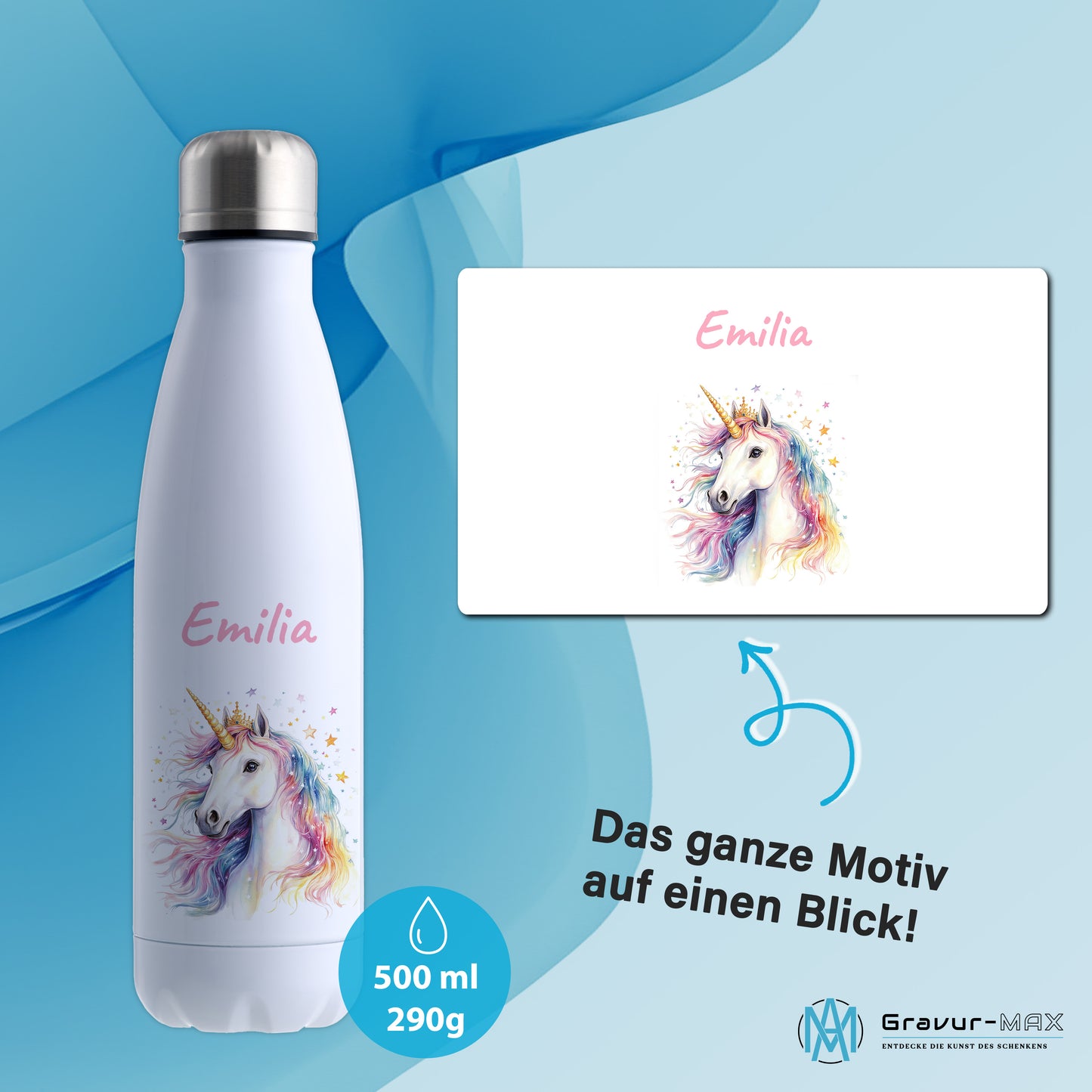 Thermoflasche 500ml in Weiß bedruckt mit tollen Motiven für Kinder "Einhorn" personalisierbar mit Wunschname