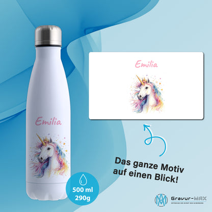 Thermoflasche 500ml in Weiß bedruckt mit tollen Motiven für Kinder "Einhorn" personalisierbar mit Wunschname