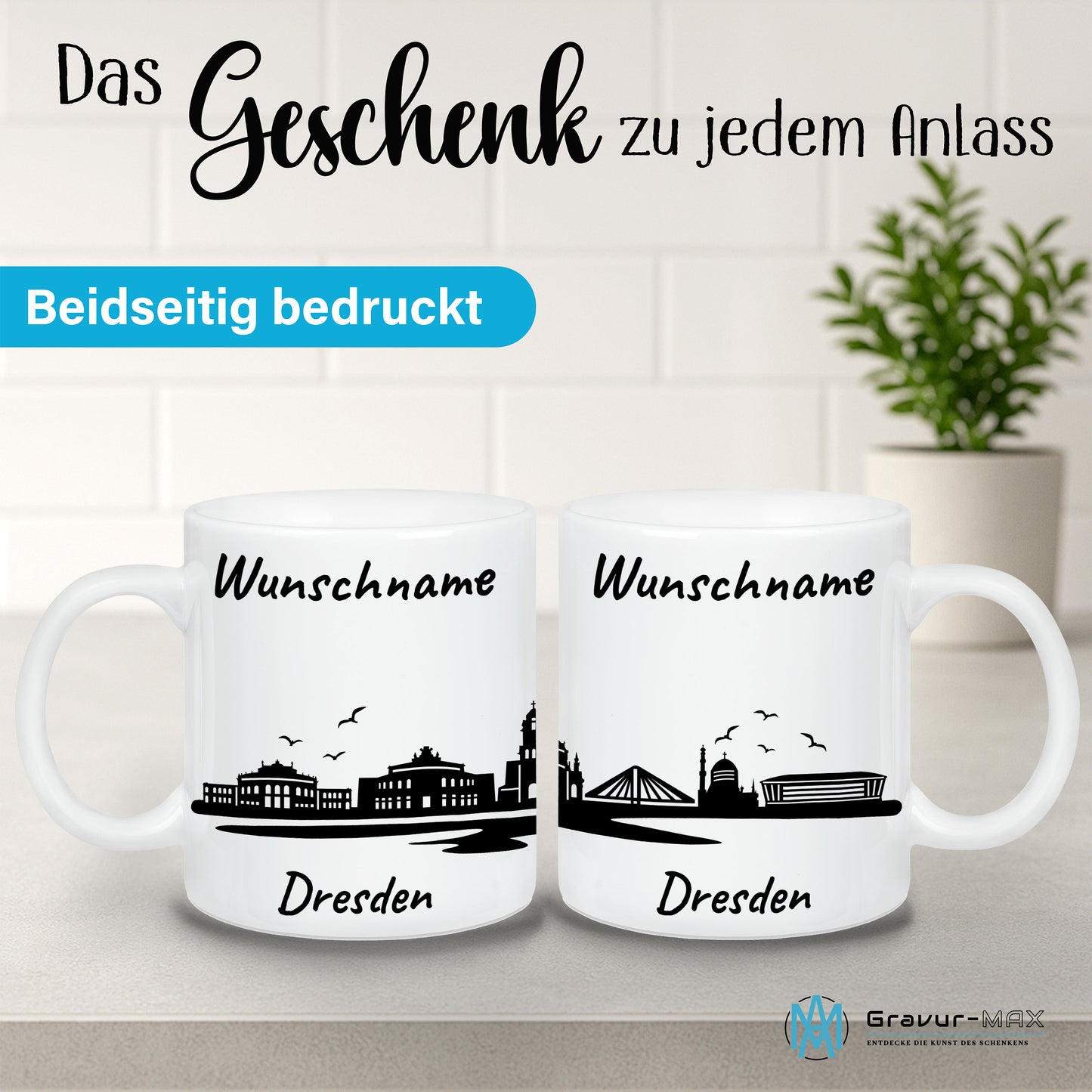 Tasse in Weiß 330ml bedruckt mit der Skyline von Dresden personalisierbar mit Wunschname