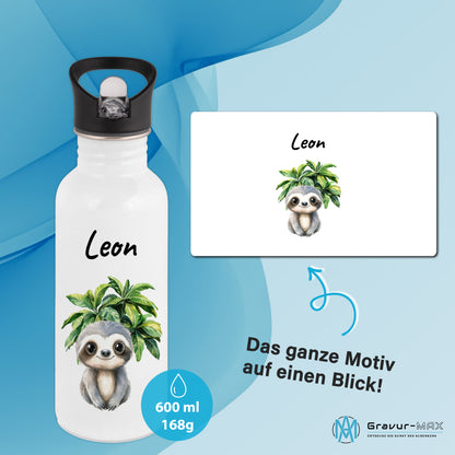 Trinkflasche mit Strohhalm in Weiß 600ml bedruckt mit Dschungel Tieren"Faultier" personalisierbar für Kinder mit Wunschname aus Edelstahl