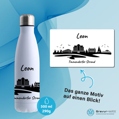 Trinkflasche in Weiß 500ml aus Edelstahl bedruckt mit der Skyline von Timmendorfer Strand personalisierbar mit Wunschname