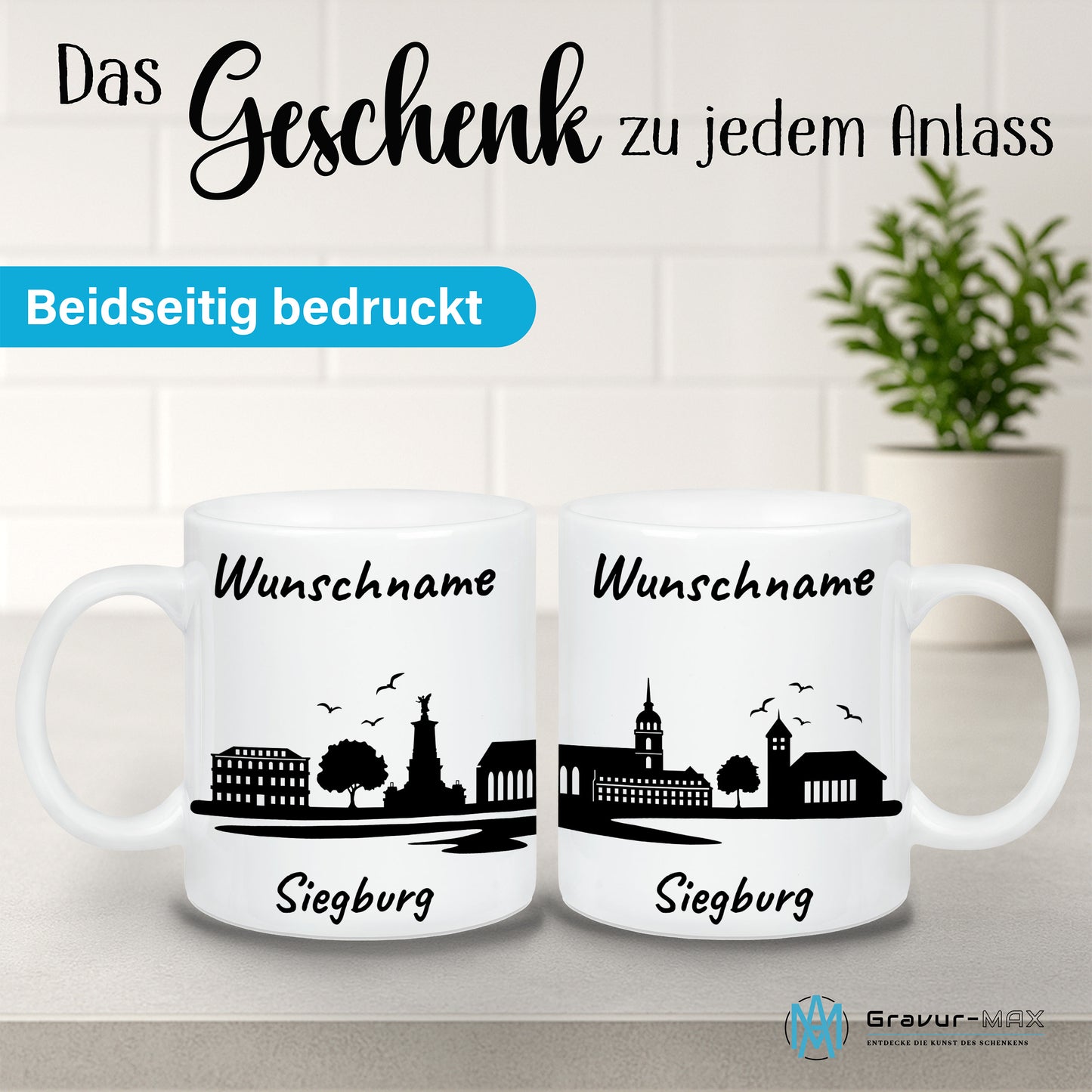 Tasse in Weiß 330ml bedruckt mit der Skyline von Siegburg personalisierbar mit Wunschname