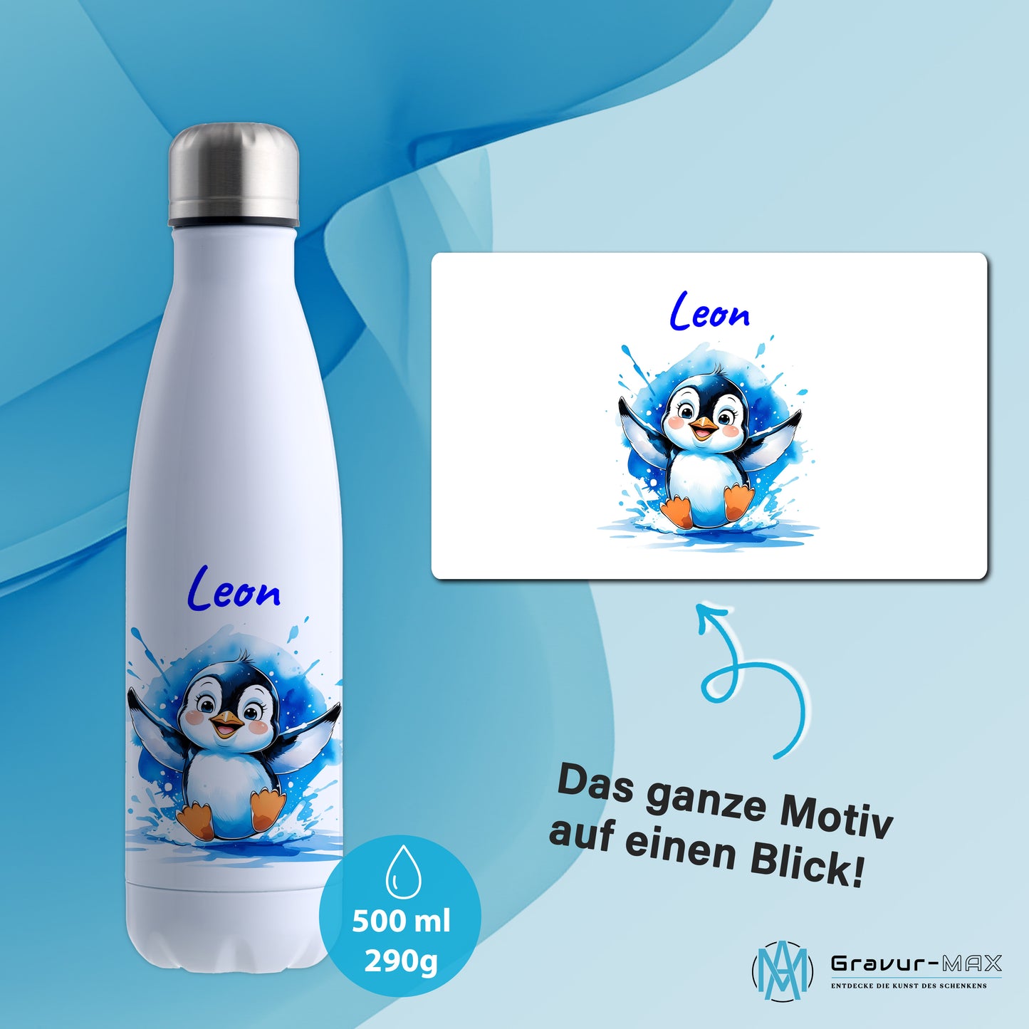 Trinkflasche in Weiß 500ml aus Edelstahl bedruckt mit niedlichen Tieren "Pinguin" personalisierbar für Kinder mit Wunschname