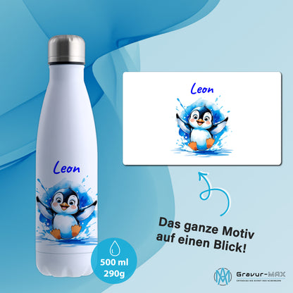 Trinkflasche in Weiß 500ml aus Edelstahl bedruckt mit niedlichen Tieren "Pinguin" personalisierbar für Kinder mit Wunschname