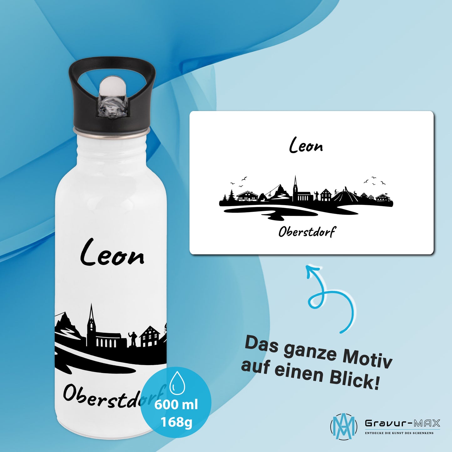 Trinkflasche in Weiß 600ml aus Edelstahl bedruckt mit der Skyline von Oberstdorf personalisierbar mit Wunschname