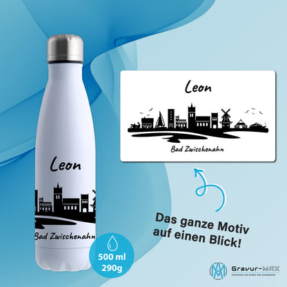 Trinkflasche in Weiß 500ml aus Edelstahl bedruckt mit der Skyline von Bad Zwischenahn personalisierbar mit Wunschname
