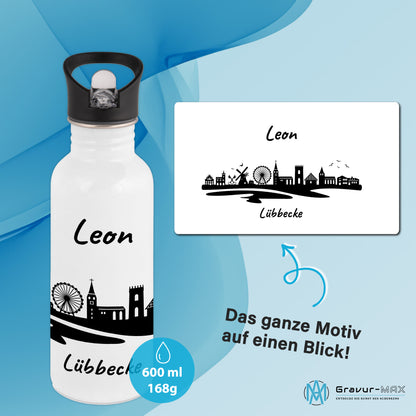 Trinkflasche in Weiß 600ml aus Edelstahl bedruckt mit der Skyline von Lübbecke personalisierbar mit Wunschname