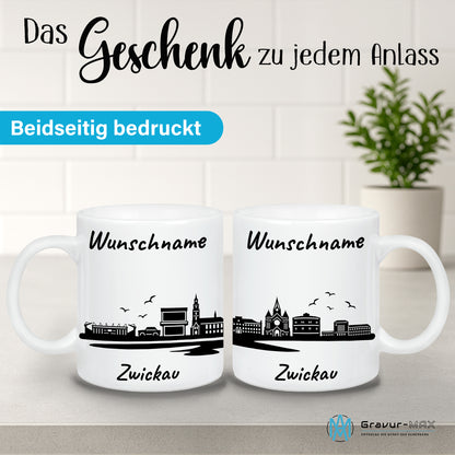 Tasse in Weiß 330ml bedruckt mit der Skyline von Zwickau personalisierbar mit Wunschname
