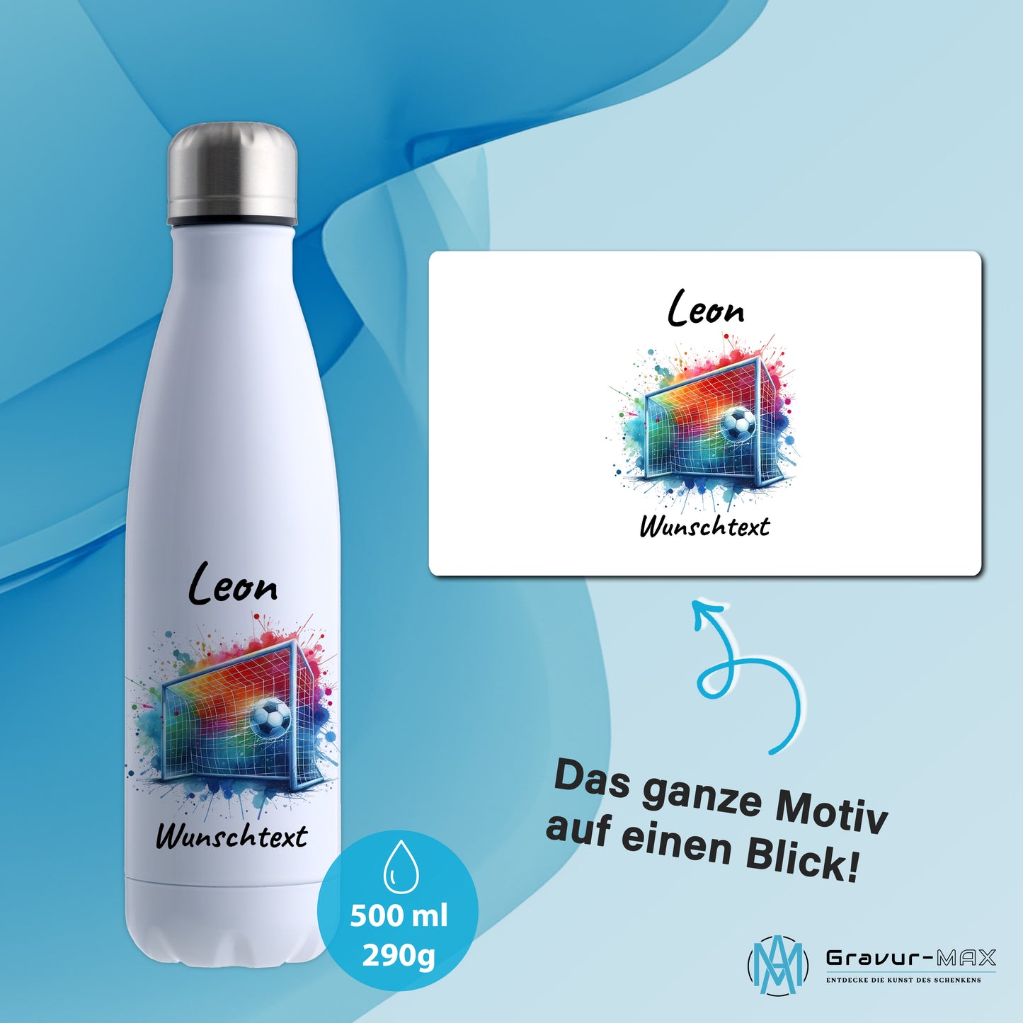 Thermoflasche 500ml in Weiß aus Edelstahl bedruckt "Fußball" Motiv5 personalisierbar mit Wunschname & Text