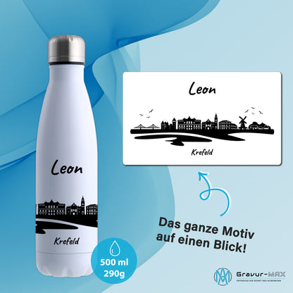Trinkflasche in Weiß 500ml aus Edelstahl bedruckt mit der Skyline von Krefeld personalisierbar mit Wunschname