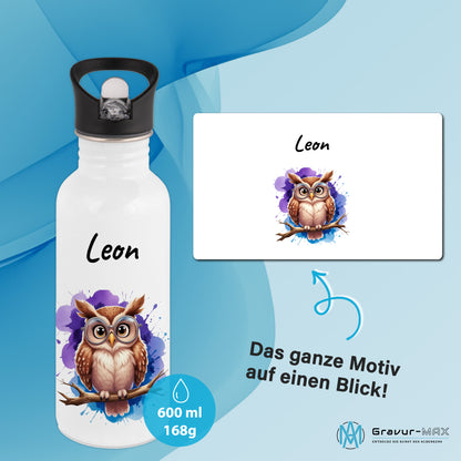 Trinkflasche mit Strohhalm in Weiß 600ml bedruckt mit niedlichen Tieren"Eule" personalisierbar für Kinder mit Wunschname aus Edelstahl